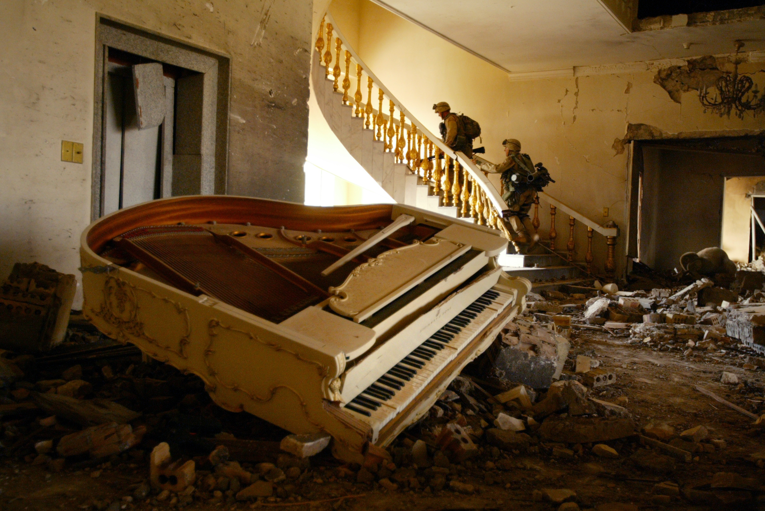 The demand for foreign news coverage was fueled by the Second Persian Gulf War. Above, a bombed-out palace in Baghdad in 2003