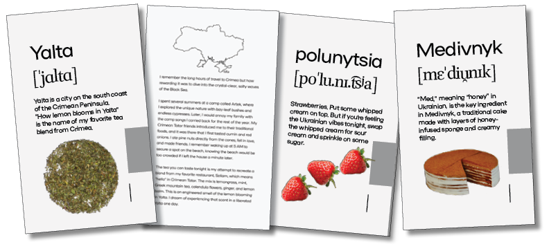 four cards showing the origins of different ukrainian foods like a ukrainian tea and medivnyk, ukrainian honey cake. there are strawberries too, which the author enjoyed eating as a child