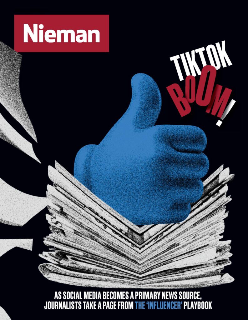 blue thumbs up emoji on top of a collapsing stack of newspapers in front of a black background. the nieman logo is in the top left corner.