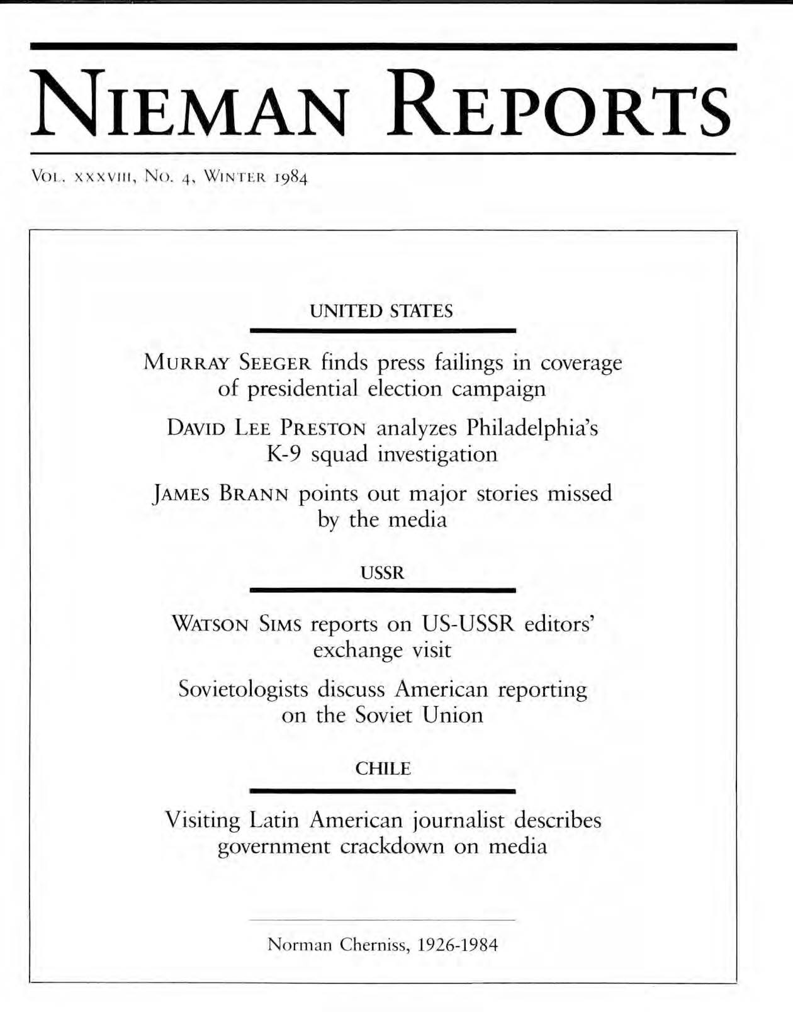 Image for Winter 1984: A Keyhole View: the Press and the Campaign