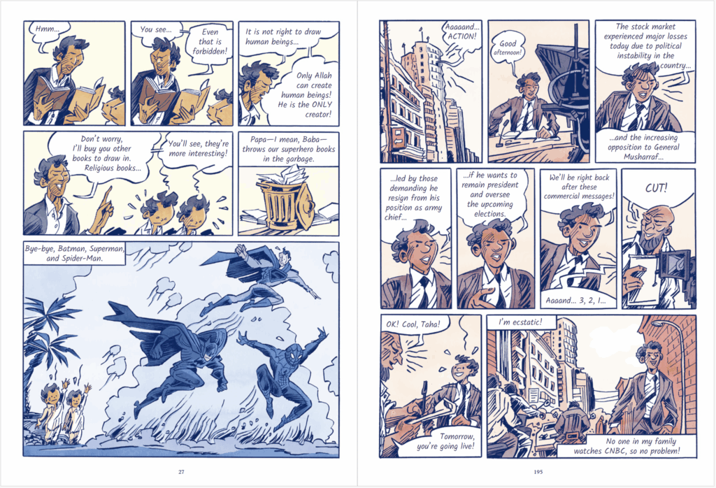 comic book spreads from taha siddiqui's memoir