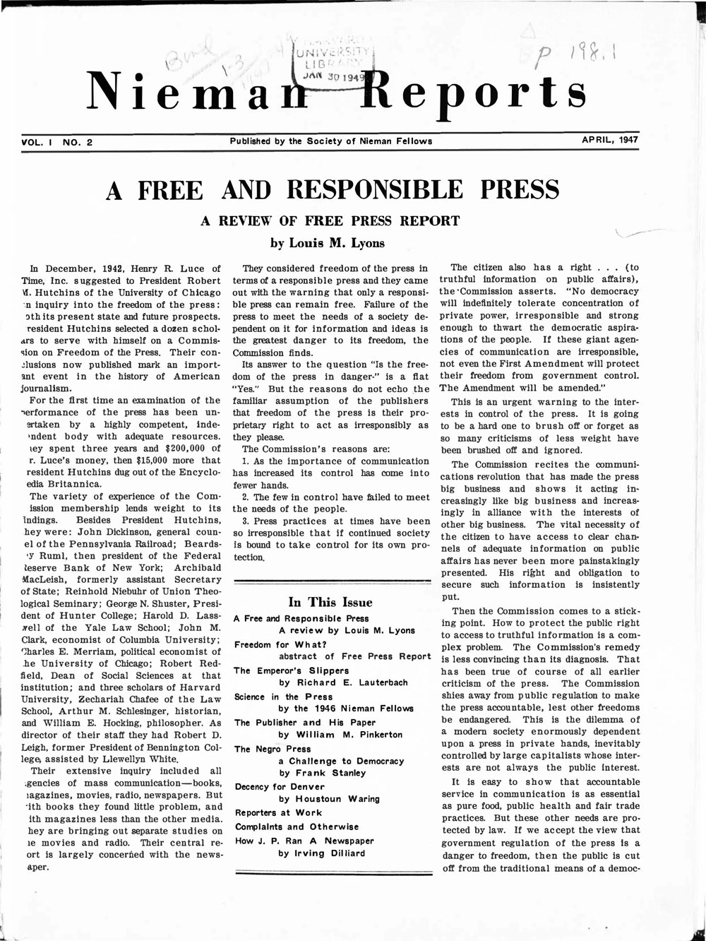 Image for Spring 1947: A Free and Responsible Press
