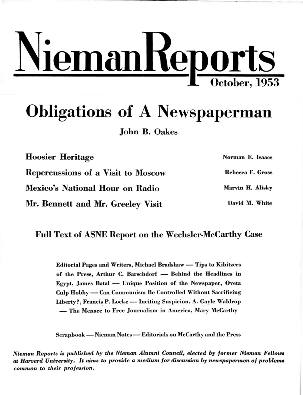 Image for Fall 1953: Obligations of a Newspaperman