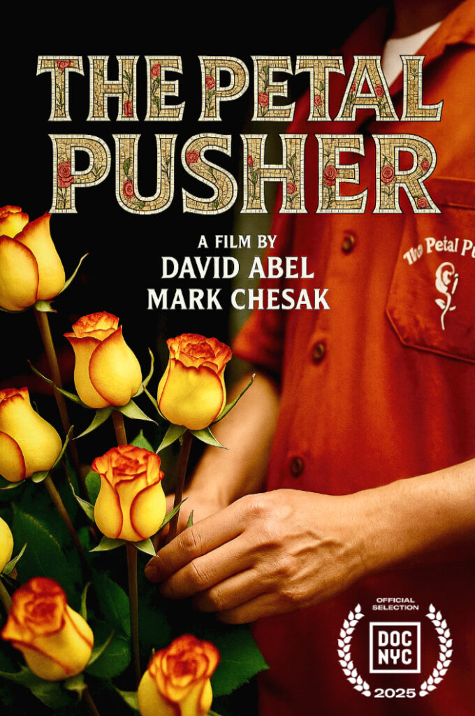 a movie poster, with a person tending to yellow and orange roses