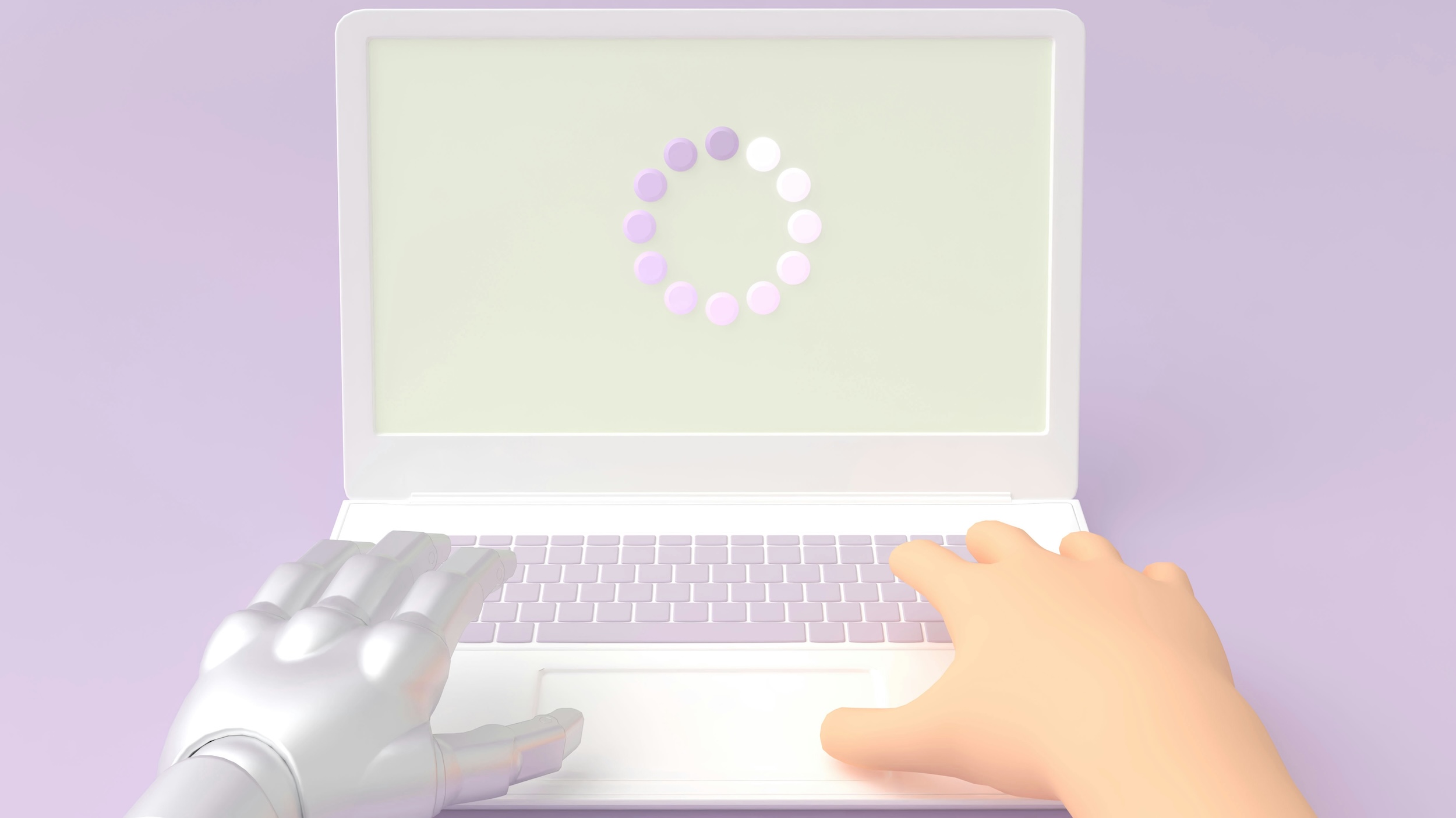 illustration of a human hand and a robot hand typing on a keyboard against a lilac background
