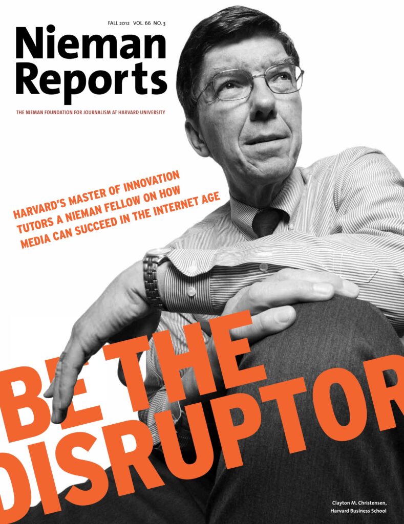 white black and orange cover of the Fall 2012 Nieman Reports magazine