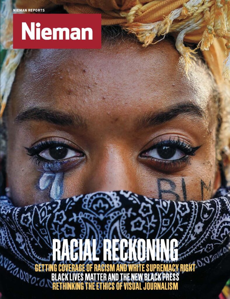 a magazine cover photo of a Black woman wearing a bandana over her nose and mouth