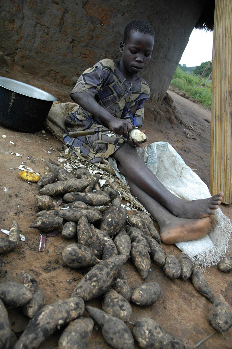 A girl in Uganda peels cassava plants outside her family’s hut
