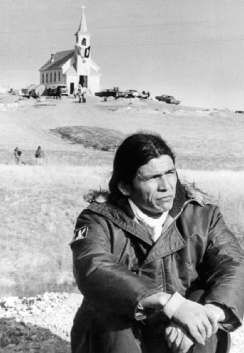 Native American leader Dennis Banks at Wounded Knee on a South Dakota reservation