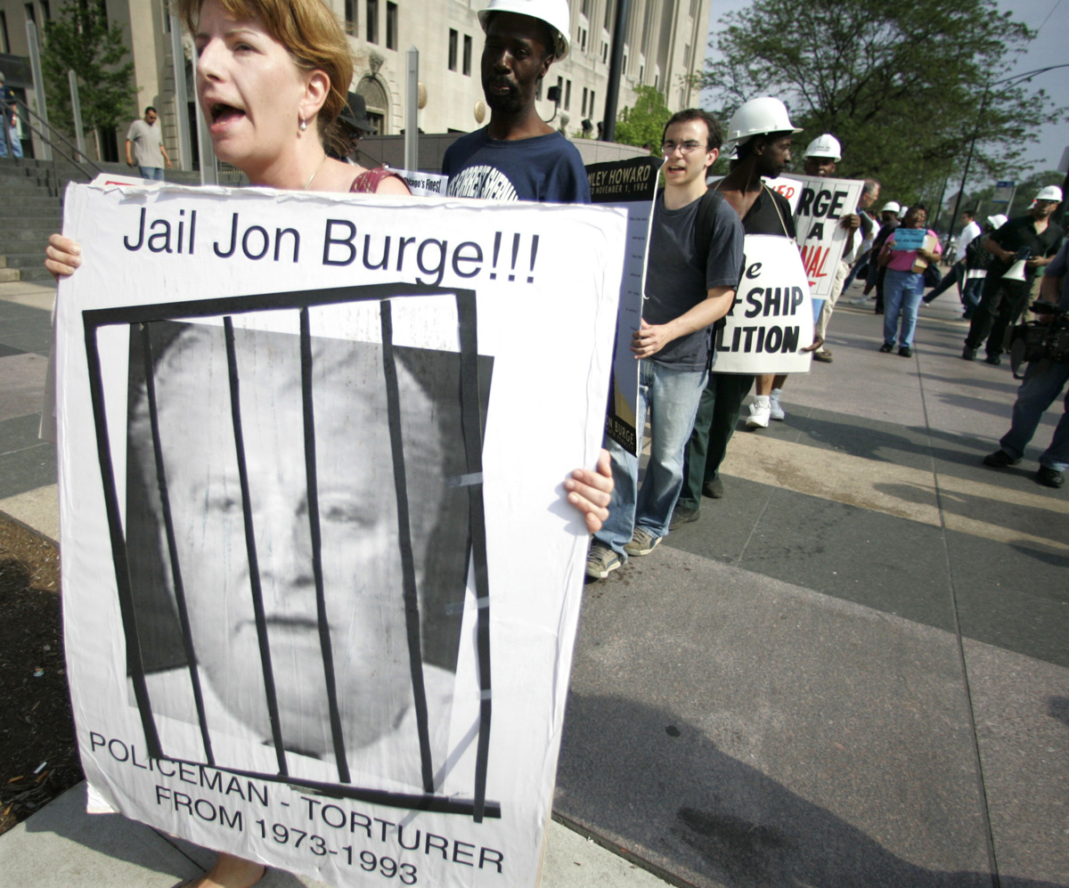 The Chicago Reporter covers crime, including allegations of police misconduct under Jon Burge’s command, the focus of a 2006 protest