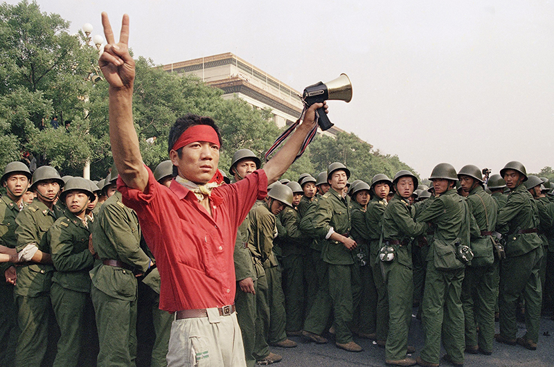 A pro-democracy protester at Beijing’s Tiananmen Square on June 3, 1989, the day before the deadly government crackdown