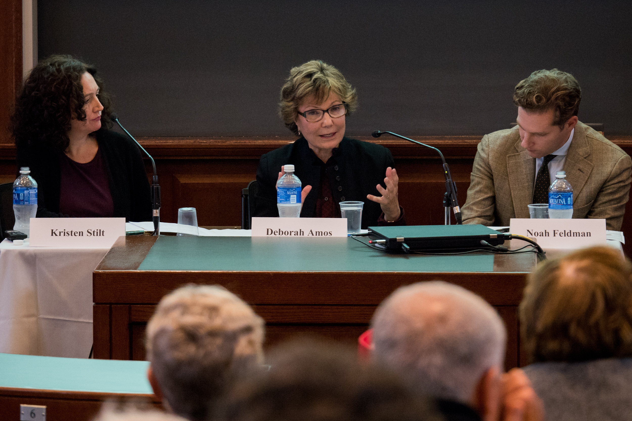 Deborah Amos, center, speaks about the danger posed by ISIS during a panel discussion with professors Kristen Stilt and Noah Feldman at Harvard Law School