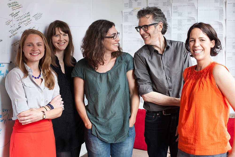 The staff of "Serial," the new podcast spinoff from "This American Life," includes, from left to right: Dana Chivvis, Emily Condon, Sarah Koenig, Ira Glass and Julie Snyder 