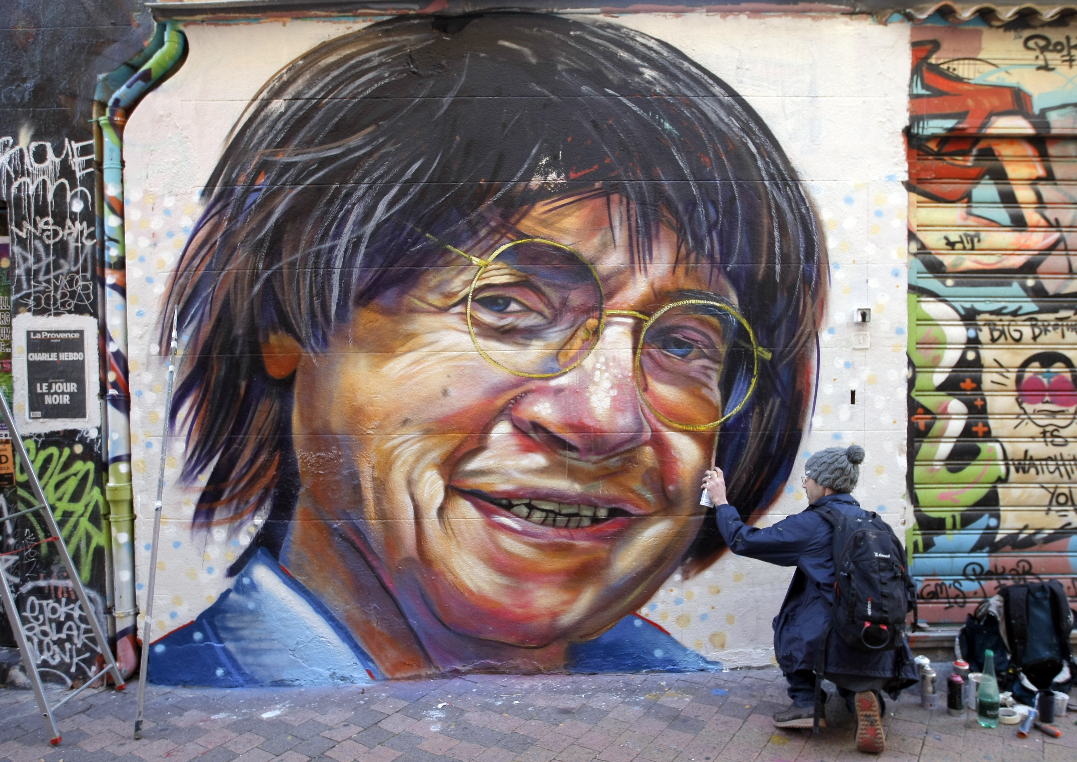 A portrait of slain French cartoonist Jean Cabut, also known as Cabu, painted by the artist Julien in Marseille, France