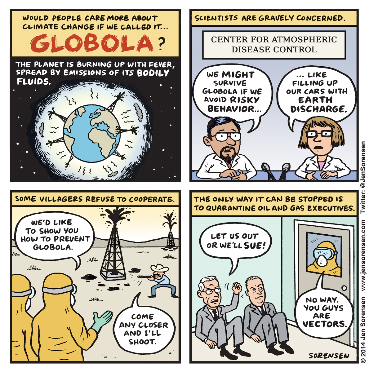 Jen Sorenson’s 2014 cartoon for Fusion contrasted fears about contracting Ebola with the lack of urgency around global warming