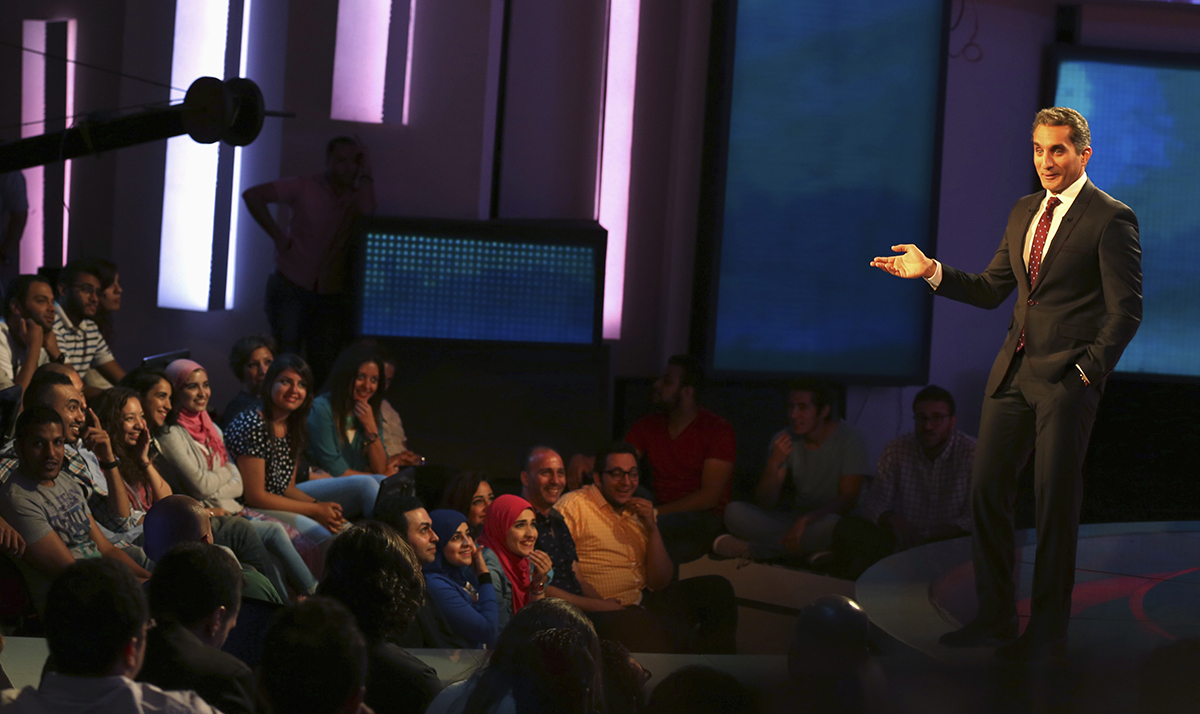 Bassem Youseff, in 2014 at a news conference, announces the cancellation of his Egyptian satirical TV show