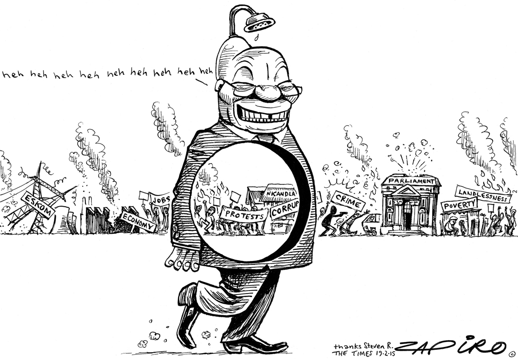 In Jonathan Shapiro’s 2015 cartoon, South Africa’s leader kept smiling despite the nation’s woes