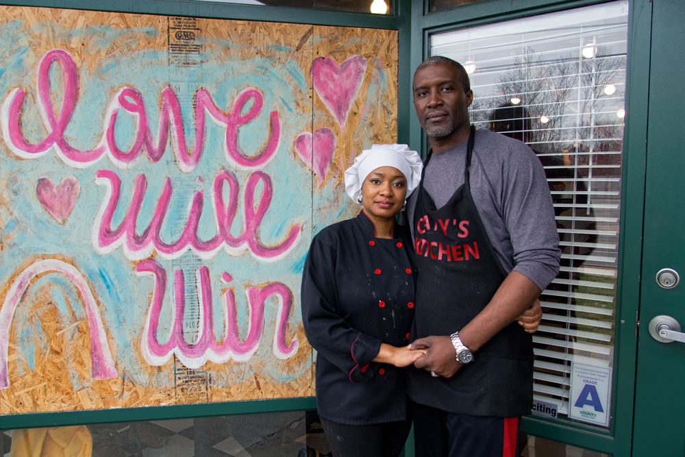 Cathy and Jerome Jenkins are the owners of Cathy's Kitchen in Ferguson, Missouri. The restaurant is a stone's throw from the Ferguson Police Department and was targeted by looters the night of the grand jury verdict. A group of local protesters formed a line of protection in front of the business to prevent destruction. Except for a broken window, Cathy's Kitchen remained unharmed. The next day, members of the community came to help with the clean-up.