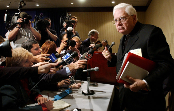 Cardinal Bernard Law, Archbishop of Boston, resigned following The Boston Globe's exposure of the Roman Catholic Church sexual abuse scandal. The Globe won the Public Service Pulitzer in 2003 for its coverage