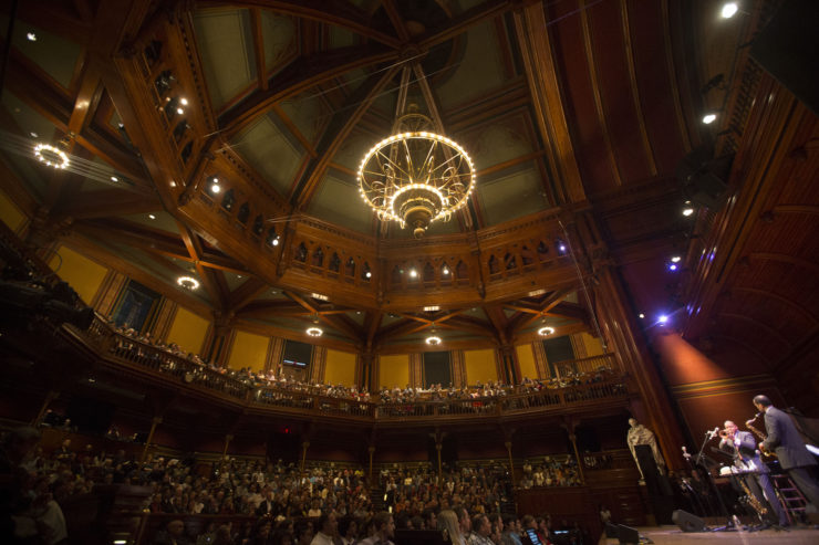 Improvisation is central to the Pulitzer-winning “Blood of the Fields” by Wynton Marsalis, above, at Sanders Theatre in 2013.