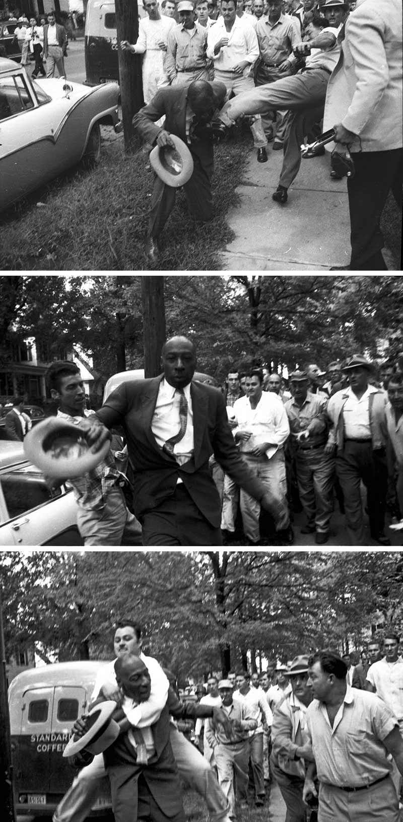 An angry mob assaults L. Alex Wilson, editor of the Memphis-based weekly The Tri-State Defender, in Little Rock, Arkansas in 1957