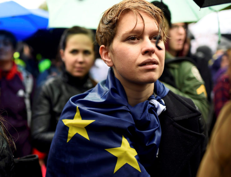 Demonstrators take part in a protest aimed at showing London's solidarity with the European Union following the recent EU referendum