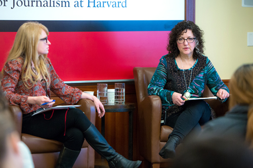 Heidi Vogt, NF '18, and Lisa Mullins, NF '10, speak to attendees of the 2017 Georges Conference for College Journalism