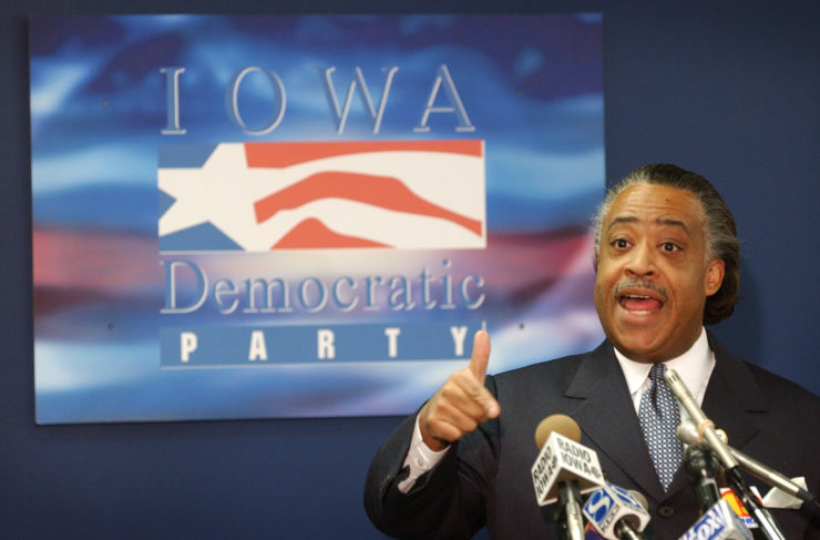 Democratic presidential hopeful Rev. Al Sharpton speaks during a news conference in February 2003, at the Iowa Democratic Party headquarters in Des Moines, Iowa