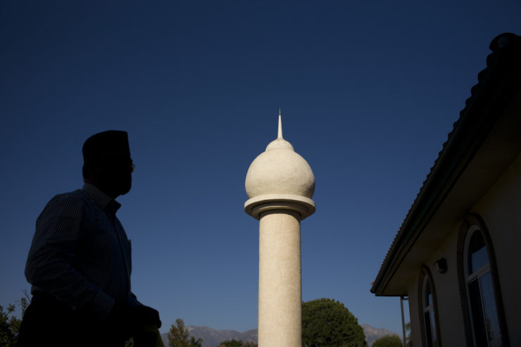 A Muslim man arrives to attend a prayer service at the Ahmadiyya Muslim Community Mosque in Chino, California