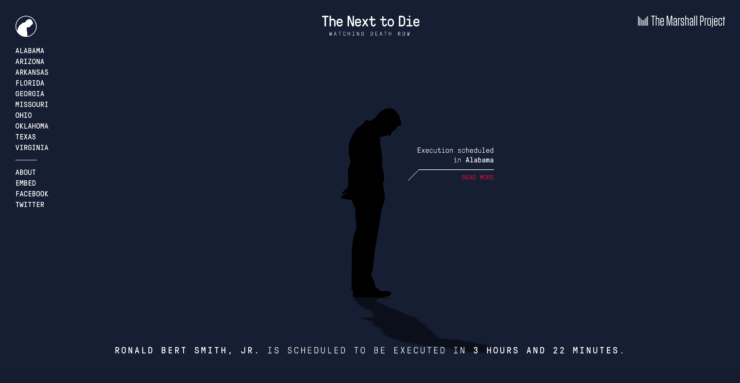 The simplicity of "The Next to Die" project's design—a person in the middle of the page and nothing else around it—conveys the emotional weight of each execution, without taking a political stance on capital punishment 