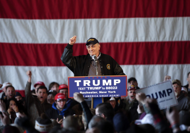 Carl Paladino speaks before a rally for Republican presidential candidate Donald Trump  at JetSmart Aviation Services in Rochester, N.Y. in April