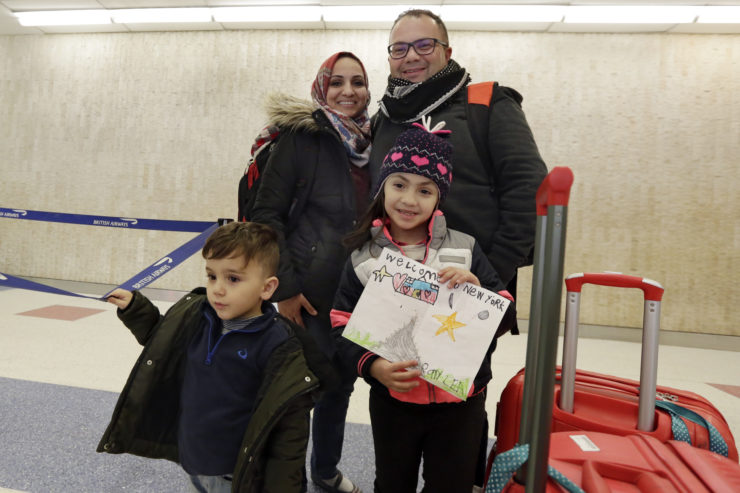 Iraqi interpreter Munther Alaskry, accompanied by his wife Hiba, son Hassan, and daughter Dima arrive at New York's JFK International Airport on February 3 after spending nearly a week in limbo in Baghdad due to Trump's travel ban