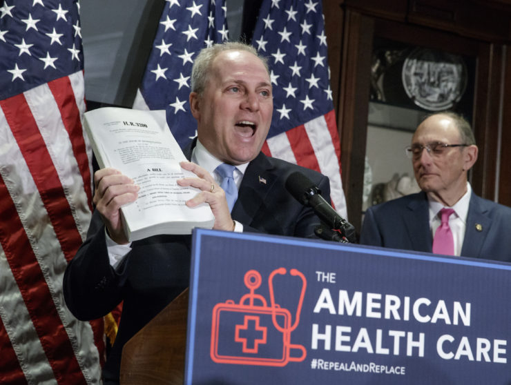 House Majority Whip Steve Scalise holds up a copy of the original Affordable Care Act bill during a March 8 news conference discussing the GOP’s plan to repeal and replace Obamacare. Despite its many merits, the primary media narrative surrounding Obamacare was about its unpopularity