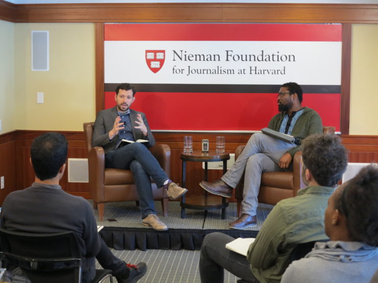 Twitter's Andrew Fitzgerald (left), with  2017 Nieman Fellow Nkem Ifejika, says there is room for news and memes to co-exist