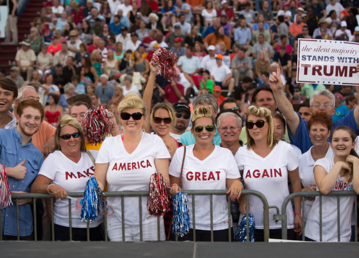 Trump supporters at a campaign rally in Mobile, Alabama in August 2015. With the Alabama/California Conversation Project, Spaceship Media and the Alabama Media Group brought together female Trump supporters from the two states to discuss the candidates and policy issues in a Facebook group