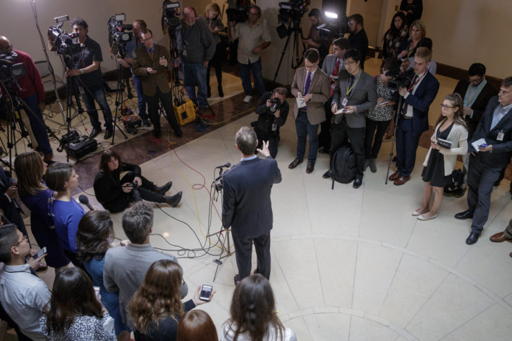 Representative Adam Schiff, ranking member of the House Intelligence Committee, speaks to reporters on Capitol Hill on March 30 as the panel continues to investigate Russian interference in the 2016 U.S. presidential election and the web of contacts between Trump's campaign and Russia