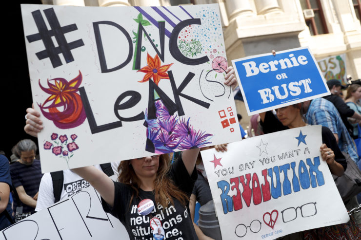 Demonstrators in Philadelphia during the first day of the Democratic National Convention, one day after some of the 19,000 Democratic National Committee's emails were posted to  WikiLeaks