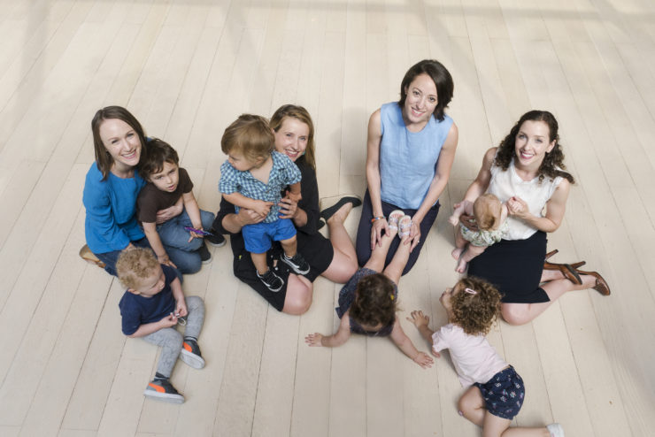 Members of The New York Times’s Women’s Network, an employee group that convinced Times management to improve leave policies for new parents: from left, Alex Hardiman (with Owen and Sam), Alex MacCallum (with Teddy), Rebecca Grossman-Cohen (with Hazel), and Erin Grau (with Francesca and Matilda)