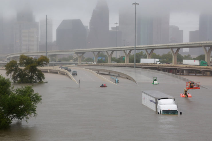 A Houston interstate is submerged in water after Hurricane Harvey brought widespread flooding to the area.  The devastating impact strong and more frequent rainstorms are having on the city was detailed in The Texas Tribune/ProPublica's “Boomtown, Flood Town” months before Harvey hit