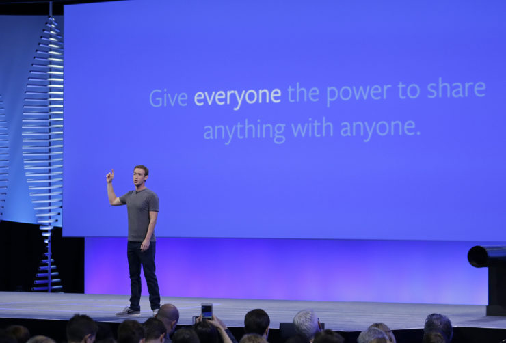 Facebook CEO Mark Zuckerberg delivers the keynote address at the F8 Facebook Developer Conference in April 2016. Technology companies like Google and Facebook, rather than traditional newsrooms, led the charge in delivering news tailored to individuals’ interests