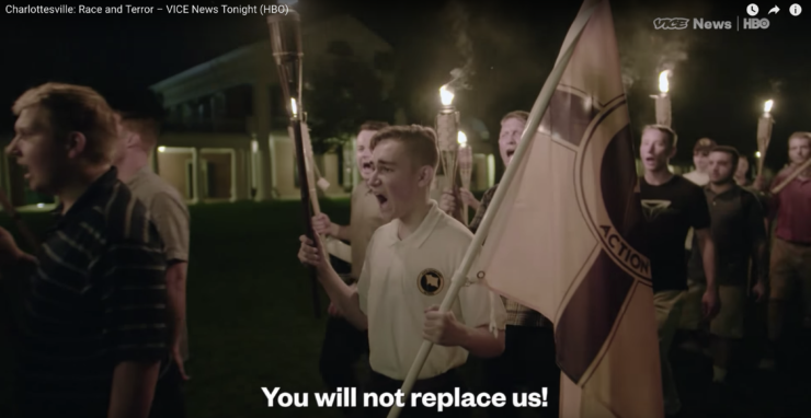 White supremacists rally in Charlottesville, Virginia in August, captured in Vice News Tonight's "Charlottesville: Race and Terror" documentary