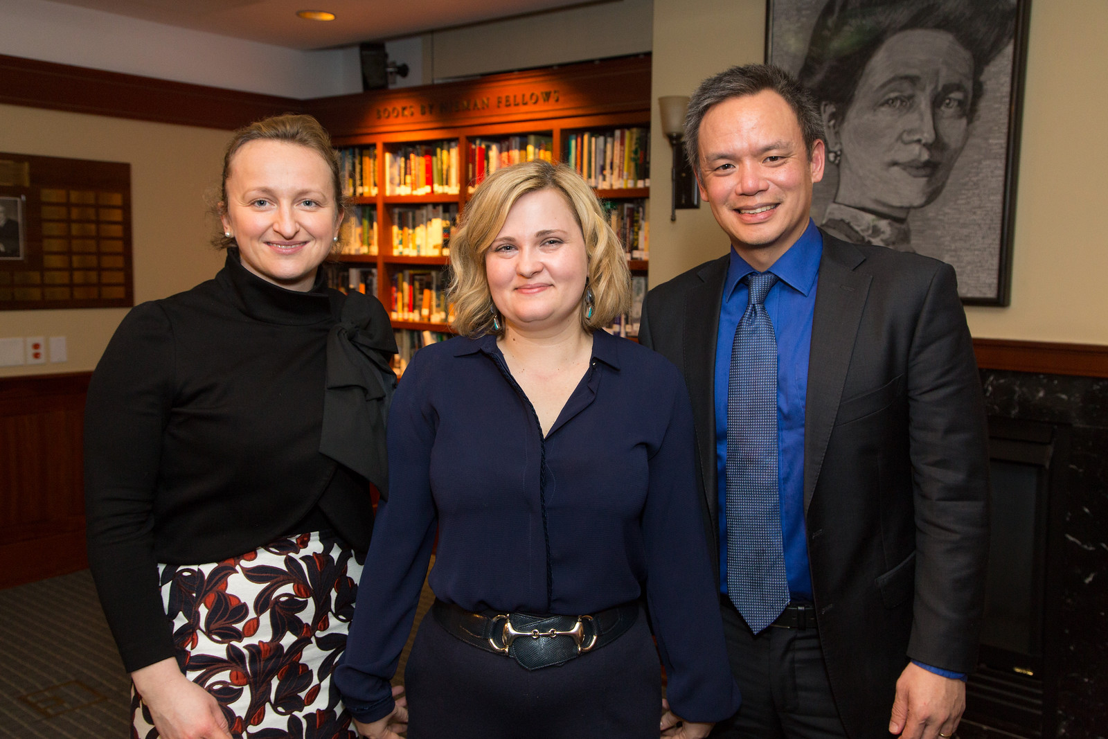 Elena Milashina, center, winner of the 2018 Lyons Award, with 2018 Nieman Fellows Lenka Kabrhelova and Edward Wong