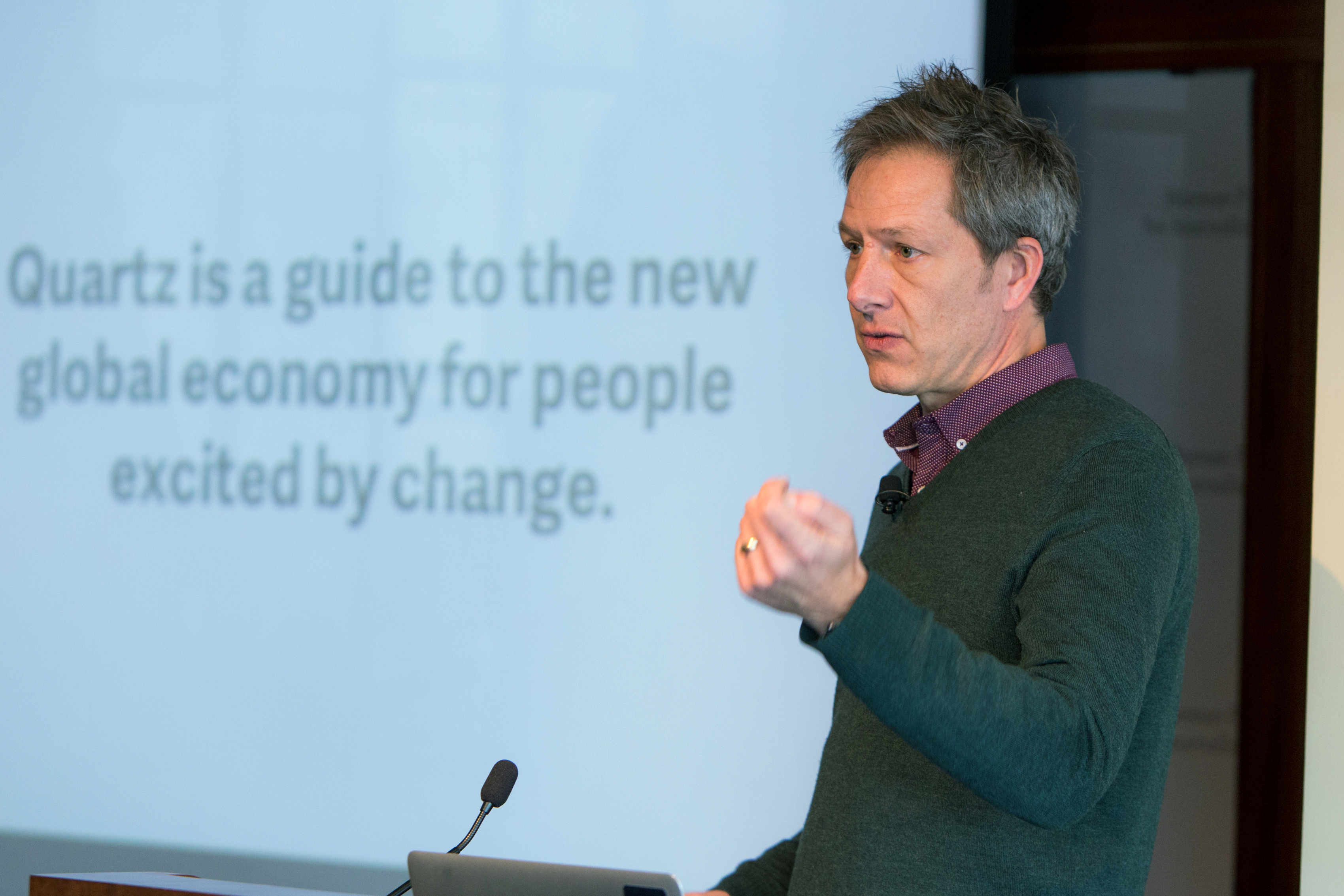 Quartz publisher Jay Lauf speaking at the Nieman Foundation in February