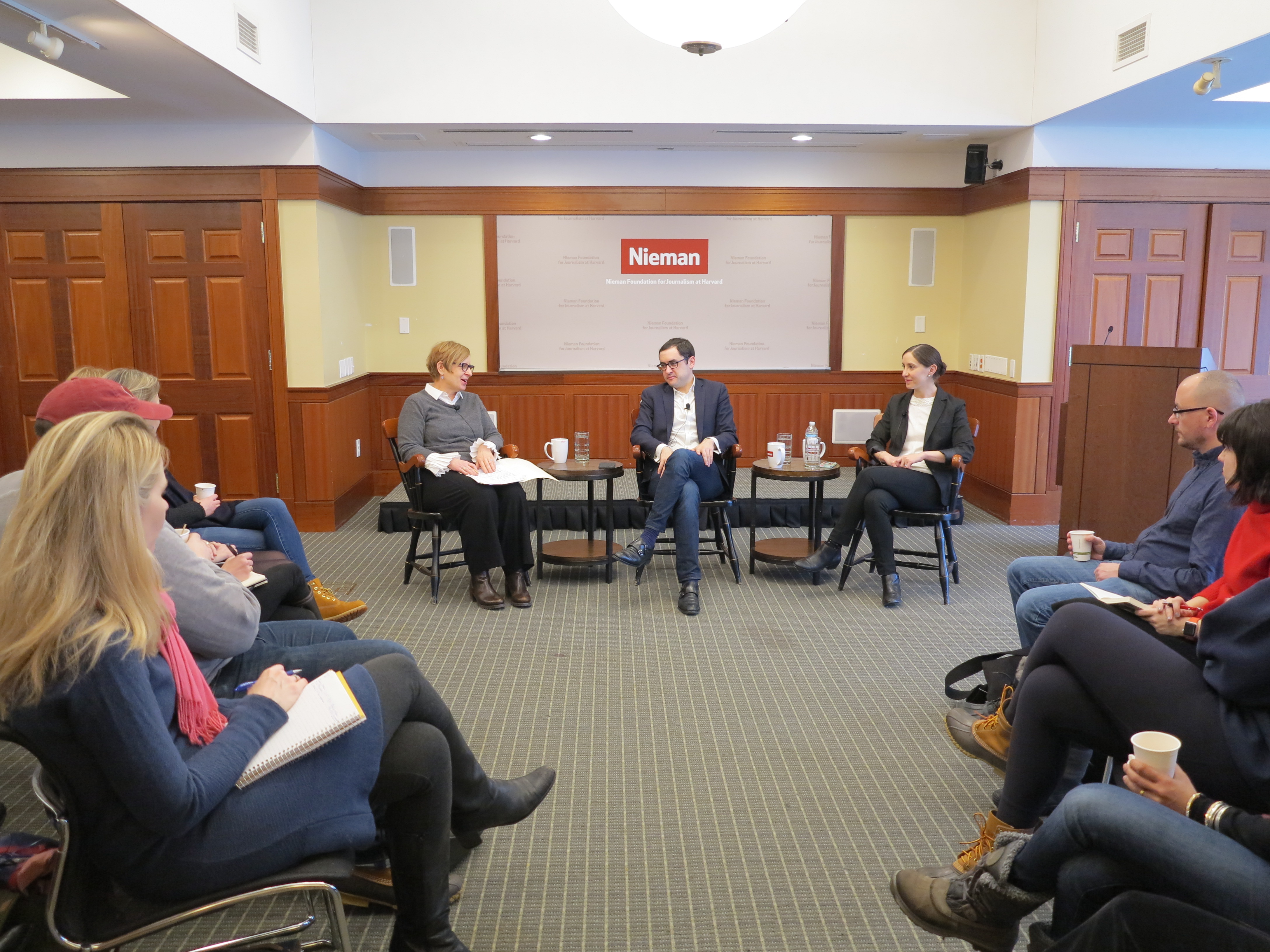 New York Times reporters Michael Schmidt and Emily Steel, with Nieman curator Ann Marie Lipinski, visited the Nieman Foundation to discuss their coverage of sexual harassment at Fox