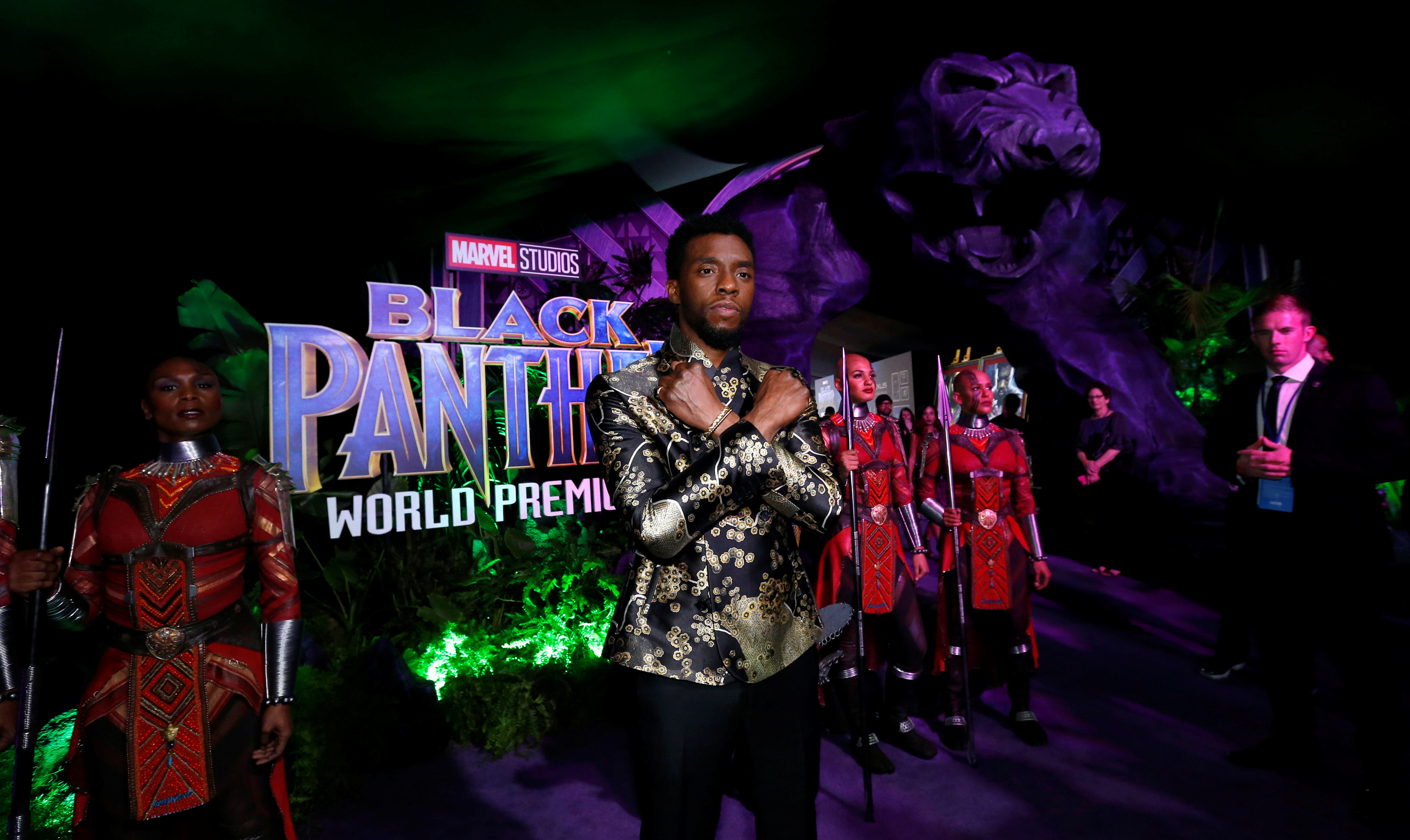 Cast member Chadwick Boseman poses at the premiere of "Black Panther" in Los Angeles