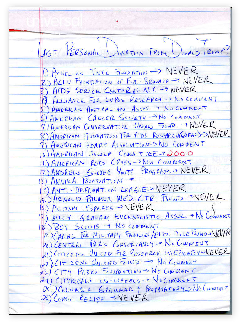 A page from David Fahrenthold's notebook documenting Trump's charitable giving—or lack of it. The Washington Post posted his progress on Twitter, sharing his notebook pages and getting tips from followers in return