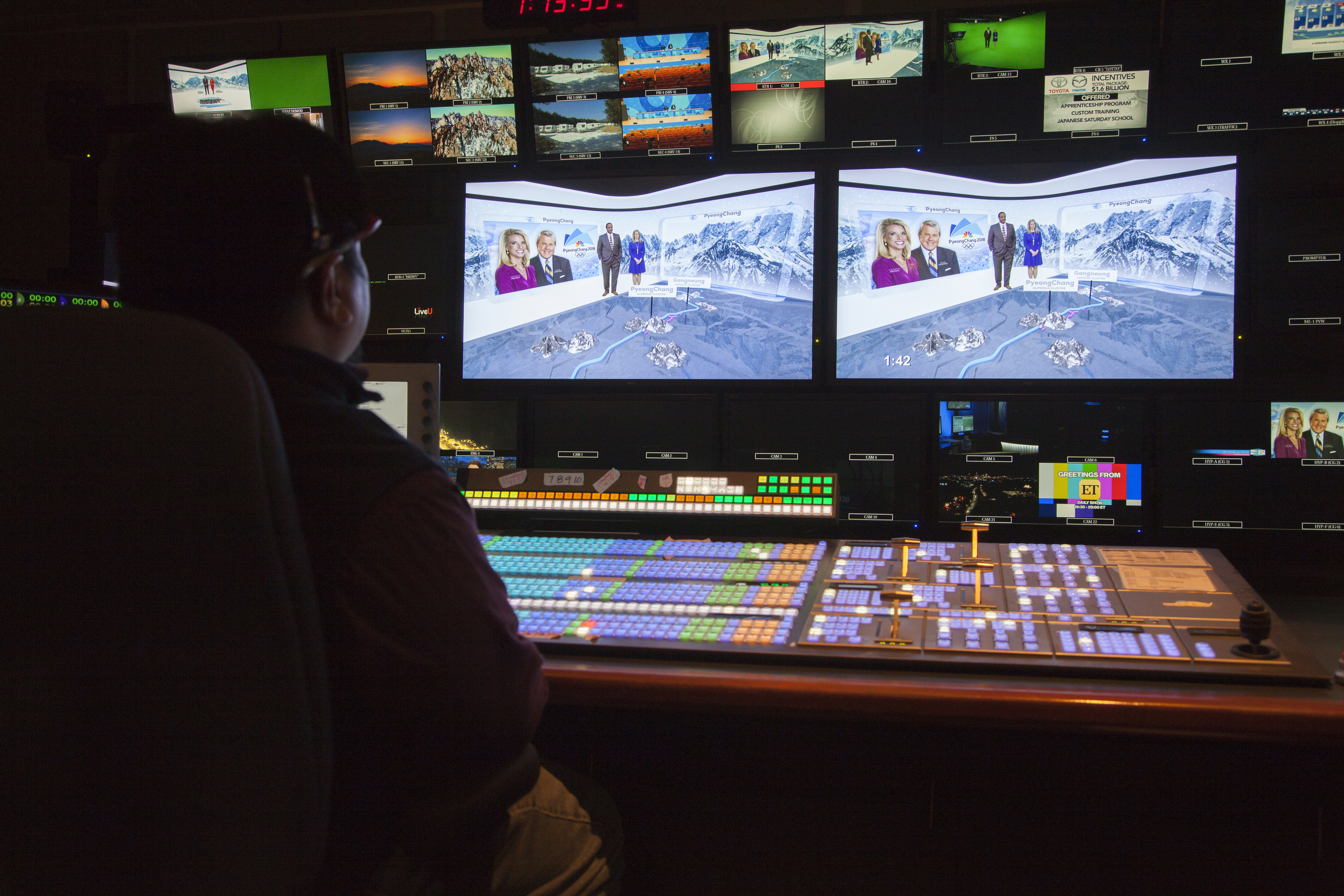 In WRAL-TV's production control room, operators view the station’s augmented reality set for their coverage of the 2018 Winter Olympics. Raleigh, North Carolina-based WRAL’s new AR/VR studio is one of many efforts by local television news stations to innovate in order to attract younger, more diverse audiences