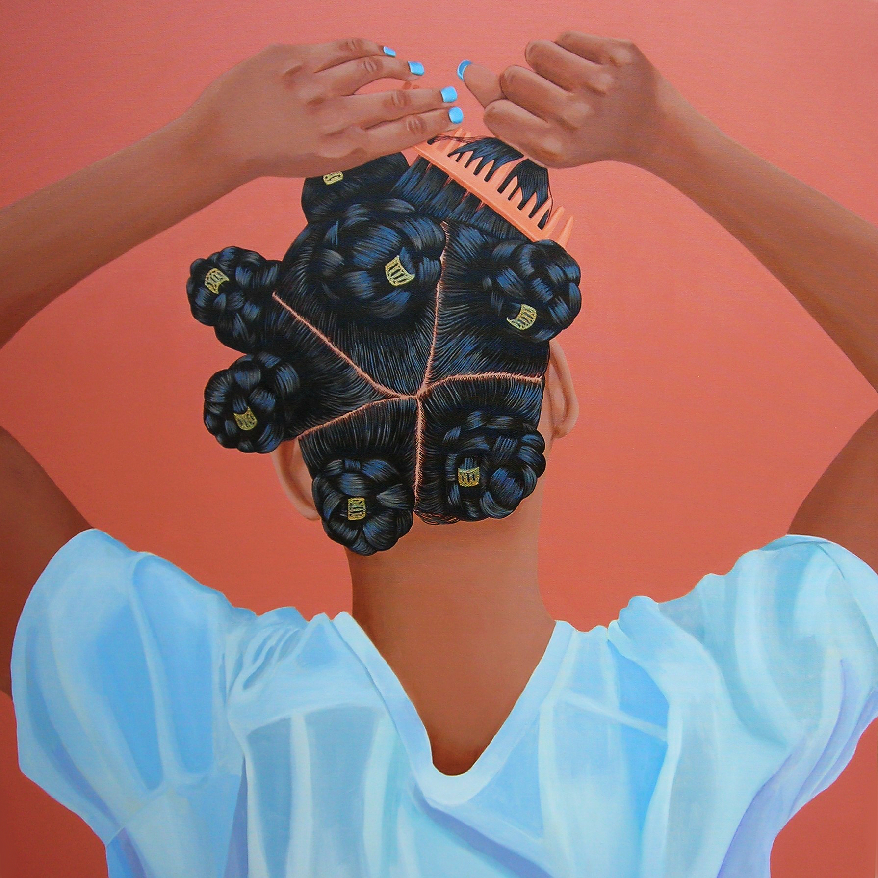 Black Contemporary Art presents works by and about people of African descent, such as "Sore Arms," a painting by Jessica Spence