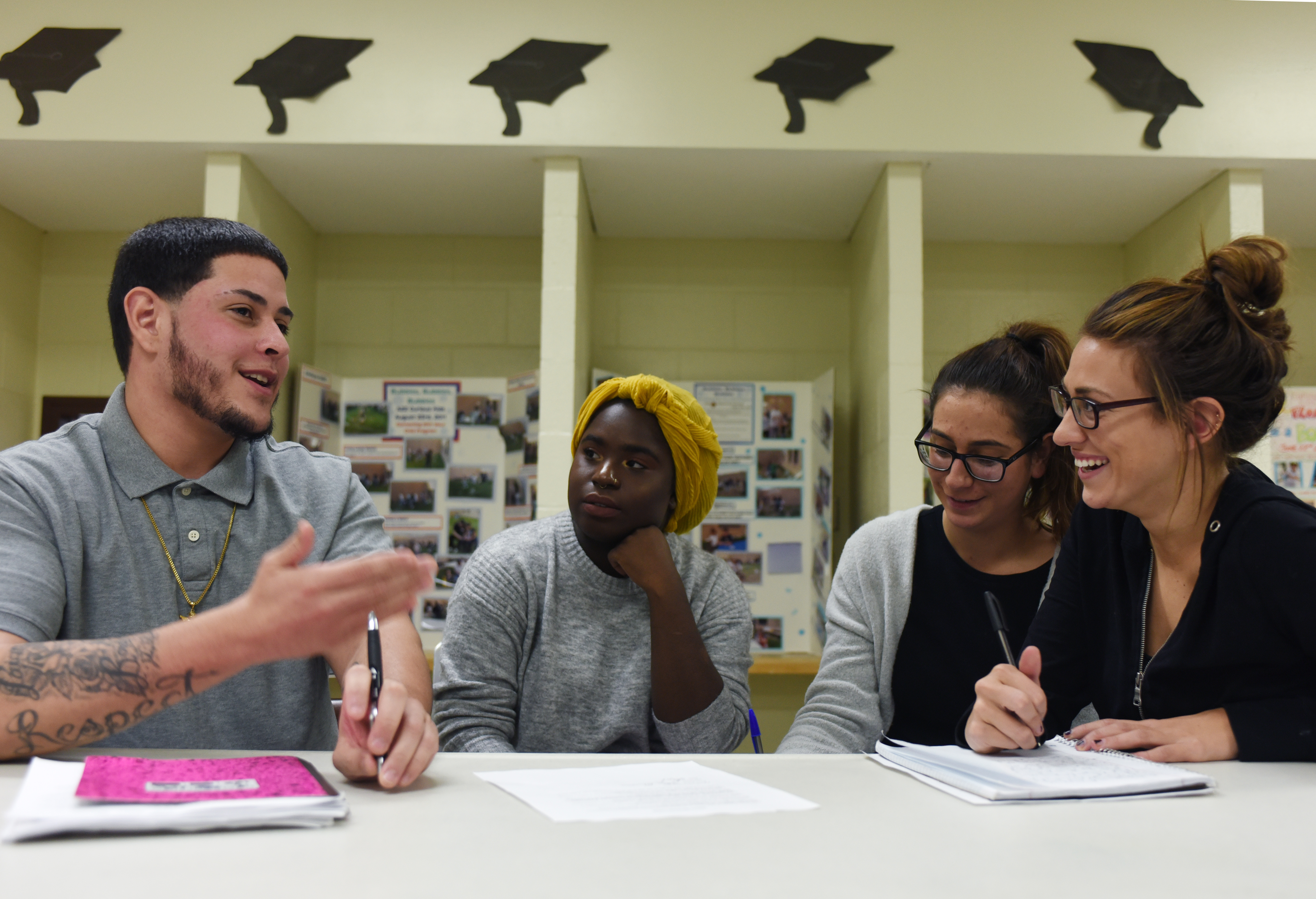 Students (from left) including inmate Josh Feliciano, Talya Sogoba, Danielle Haley, and Rhiannon Snide in the UMass social justice journalism and mass incarceration class taught at the Hampshire County Jail and House of Correction in Northampton, Massachusetts