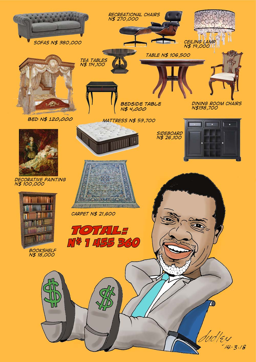 A cartoon by Dudley Viall depicts Namibian President Hage Geingob and his furniture purchases totaling hundreds of thousands 
of dollars